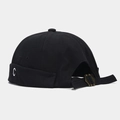 Detail of black canvas docker hat with white C embroidery and adjustable metal buckle - Black