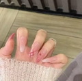 Detail of pink gradient almond press-on nails with plaid patterns and tiny red rhinestones - Pink Plaid 10Pcs (XS)