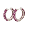 Detailed close-up of silver hoop earrings with triple row micro-set pink gemstones - Platinum Plated Rose Red Zirconia