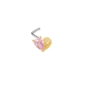 L-shaped heart nose stud with pink teardrop crystal and golden feather detail - Gold Pink Heart Wing Nose Stud (NR24082305G)