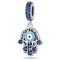 Detailed close-up of silver Hamsa Hand charm with blue crystals and Evil Eye motif - Hamsa Hand Evil Eye Dangle