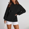 Felpa con cappuccio Y2K oversize da donna in pile nero con tasca a marsupio e cordoncino - S / Nero