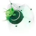 Elegant green fascinator hat with veil, feathers and pearls on a felt base - Glitter Green