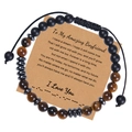 Detail van tijgeroog- en onyxkralen op Morsecode armband met geschenkkaart - Voor mijn geweldige vriend