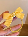 Yellow ribbed knit bow hair tie with a plaid ribbon center for women's high ponytails - Yellow Bow (15#)