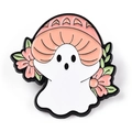 Cute white ghost enamel pin with pink mushroom hat and floral details on metal - Mushroom Hat Ghost