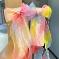Girl's gradient rainbow bow hair clips with pearls and elegant metal chain tassels - Set Rainbow And Pink-Yellow With Chain