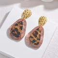 Exaggerated geometric leopard print teardrop earrings with golden woven metal buckles - Light Khaki (Leopard Print)
