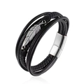 Men's multilayer black braided leather bracelet with silver feather and magnetic clasp - 20cm / Black/Steel Color Clasp