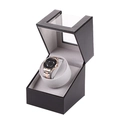 Automatic single watch winder in black lychee leather with a transparent top window - 1+0 Smooth Texture (Dark Coffee Exterior Grey Interior)