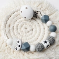 Handmade crochet pacifier clip with grey fox silicone beads and white star bead detail - Gray