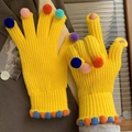 Guanti in maglia gialla con pompon colorati e design con pollice scoperto per touch - Stile Pom Pom Colorati / Giallo