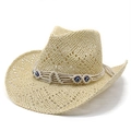 Handgefertigter hohler Stroh-Cowboyhut mit Evil-Eye-Perlenband und breiter Krempe - M (56-58cm) / Beige