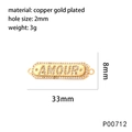 Macro view of gold plated copper connector charm with AMOUR text and zircon details - Rectangle AMOUR-P00712
