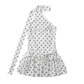 Detail eines weißen Polka-Dot-Kleides mit Halstuch, Taillenschleife und Rüschensaum - XS / Weißer Hintergrund mit Punkten