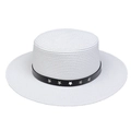 White straw flat top boater hat with black leatherette star studded band detail - Five-pointed Star Studded Band Style (301H)