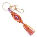 Porte-clés boho fait main avec tissage losange orange et violet et pompons en soie - Orange/Violet/Beige