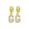 Golden letter G drop earrings with sparkling cubic zirconia pavé stones on white background - Letter-G