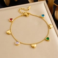 Golden stainless steel heart bracelet featuring multi-colored zircon stones and charms - Multicolor Heart Pendant Style (B1770)