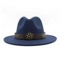 Detail of dark blue wool felt fedora with brown leather band and bronze floral badge - Navy Blue