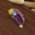 Detailed peacock feather brooch with purple enamel, teardrop crystal and round white pearl - 7.5x3cm / Feather-4 (Purple-Yellow Enamel Blue-Purple Crystal)