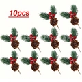 Set of 10 decorative winter holly berries with pine cones and green needles - Red Pine Branch with Single Cone