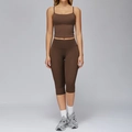 Women's brown brushed yoga set with thin strap tank top and high-waist capri leggings - Chocolate Brown (Vest+Capris)