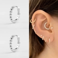Minimalist silver beaded hoop earring with small zircon accents for women piercing - CC153-1 / Platinum+8mm