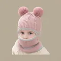 Pink winter knit balaclava for kids with cute double pom-poms and ear protection - Pink Double-sided Beanie (for Ages 2-6)
