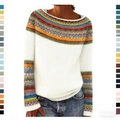 White crew neck sweater for women with colorful geometric fair isle patterns on sleeves - 3XL / Tops / White Jacquard