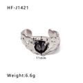 Vintage silver stainless steel open ring with black lozenge stone and lava texture - US 6 / Silver Black Gemstone Style (HF-J1421-S)