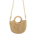Detail of hand-woven straw tote bag with round handle and detachable shoulder strap - Detachable Strap Style / Small / Light Coffee