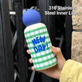 Green checkerboard pattern 316 stainless steel insulated bottle with blue spherical lid - 350ml / Blue Spherical Lid / Green White Checkerboard
