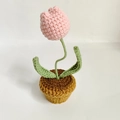 Handmade crochet pink tulip potted plant in a brown knit pot for car or home decor - Pink Tulip Potted Plant Finished