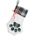 Cat-themed Christmas stocking in white plush with green plaid paw print and fish bone charms - Green Dog Paw