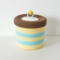 Handwoven cotton rope storage basket with lid, featuring blue and yellow stripes - White Coffee Patchwork Lid (22*19)