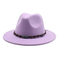 Detail of lavender wool fedora hat featuring black braided band and turquoise stone accent - Taro Purple
