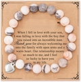 Natural stone friendship bracelet with white and grey beads and silver heart on gift card - Pink Zebra + Mother of the Groom Card