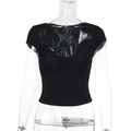 Detail of black slim fit lace patchwork top on mannequin with clear bust design - S / Black