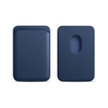 Detail view showing front and back of navy leather MagSafe wallet with precise stitching - Deep Blue