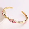 Bracelet jonc ouvert doré C avec œil protecteur en émail rose pour femmes - Rose/Blanc (SL115-3)