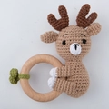 Handmade crochet baby rattle with brown reindeer doll and natural wooden teething ring - Hug Deer - Cute Style