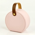 Portable pink leather jewelry box with brown handle and golden snap button for travel - PU Leather / Round Handheld Style / Handheld Pink