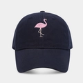 Close-up of pink flamingo embroidery detail on a navy blue twill cotton baseball cap - Adjustable / Navy Blue
