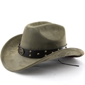 Chapeau de cowboy classique vert armée avec ceinture en cuir et emblème de taureau - M (56-58cm) / Vert Militaire