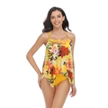 Two-piece yellow tankini set with tropical floral print and irregular ruffle hem top - S / Mesh Yellow