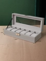 Grey leather 6-slot watch box with glass window and interior cushions 30x11x8cm - 6-Slot Grey Watch Box with Lock