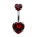 Silver belly button ring with double heart-shaped deep red zircon gemstones - Red