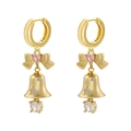 Exquisite gold bow earrings with pink heart gemstone and bell pendant with star motifs - Gold Bow Bell