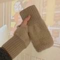 Beige plush fingerless gloves for women with cozy knitted ribbed cuffs for winter - One Size / Khaki